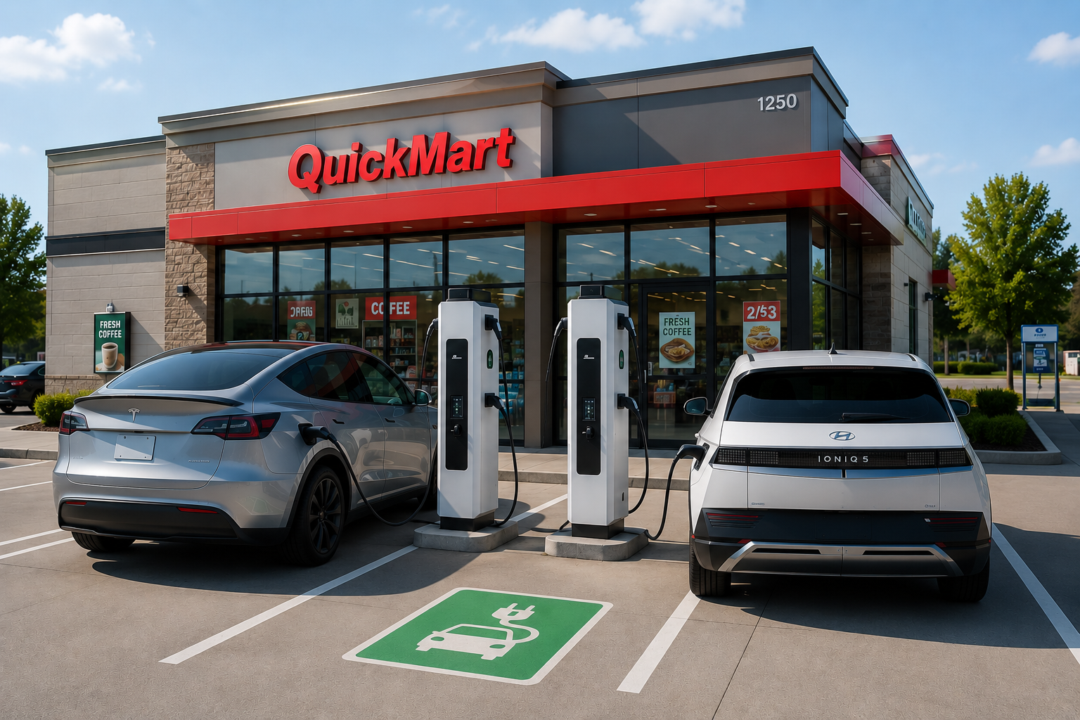 Aerial view of multiple EVs charging in a parking lot