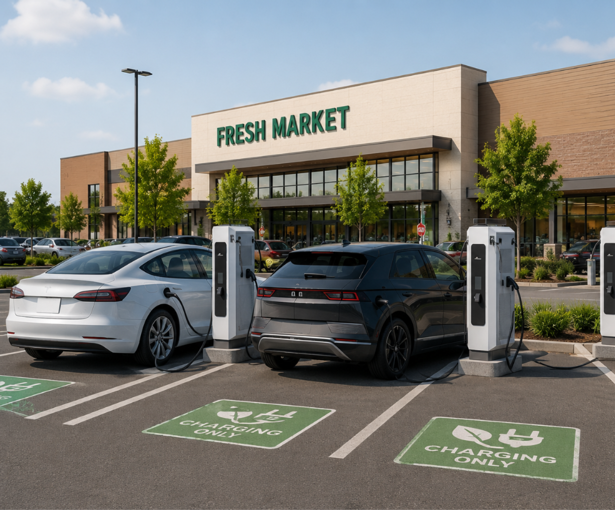 EV charging stations under a modern pergola canopy