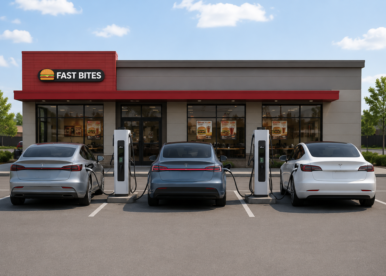 Multiple EVs charging simultaneously at a parking lot station